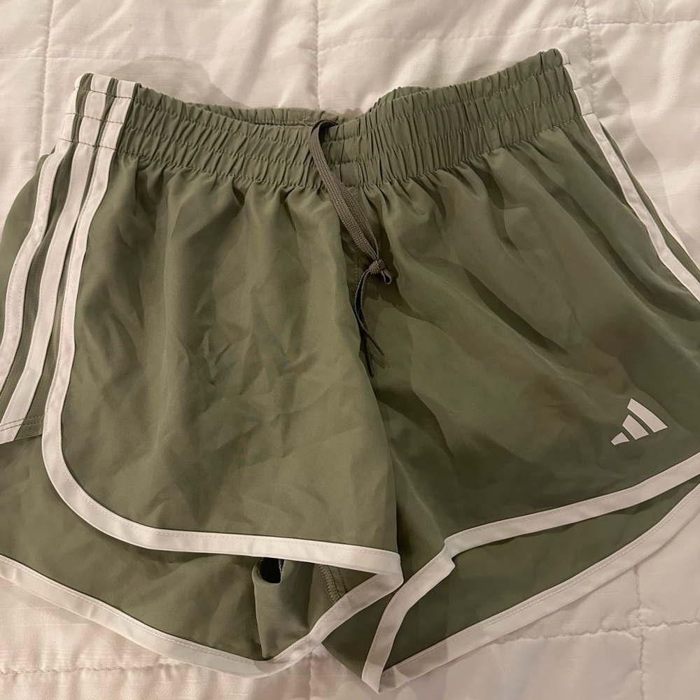 Adidas Green Athletic Shorts with Three-Stripe Design